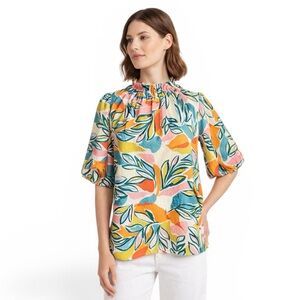 THML - Floral Textured Blouse Puff Sleeve Mock Neck Top Multicolor Sz M